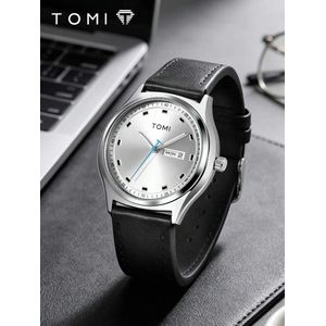 Tomi  Men’s  Quartz Watch – Silver Dial with Day/Date Display & Black Leather Strap