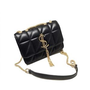 Luxury Quilted Leather Crossbody Shoulder Bag – Dollar Sign Emblem Flap Bag with Gold Chain Strap & Tassel – Black   