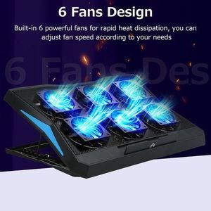 17" Foldable laptop cooler, six-fan laptop cooling stand, low noise, six-level adjustable settings.