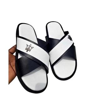Men Crossed Leather Slippers - Black/White