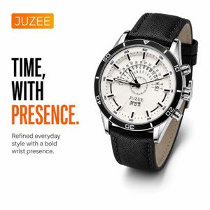 JUZEE Men's Quartz Watch with Date - Classic Wrist Watch with Premium Black Saffiano Leather Strap