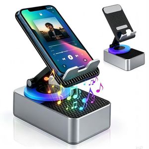 3 In 1 Phone Stand with Bluetooth Speaker, 1500mAh Rechargeable Foldable Phone Holder, 360° Rotatable Desktop Audio Bracket for Mobile Phone Video Watching