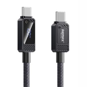 Remax Mena 100W USB-C to Type-C Data Cable with Smart LED Display, Fast Charging & High-Speed Data Transfer, Zinc-Alloy Braided, 1.2M – Black