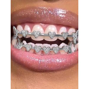 Silver-Plated Iced-Out Heart Grillz Set – Top & Bottom Teeth Hip-Hop Fashion Jewelry
