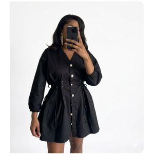 Corset-Detaild, button-front flared mini dress- Black