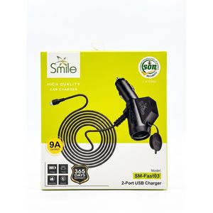 Smile SM-Fast03 9A Ultra-Fast Car Charger - 2 USB Ports, Integrated Cable & 12V/60W Socket Expansion