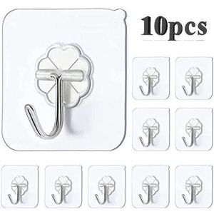 10-Piece Clear Adhesive Hooks, No-Drill 10kg Load Wall Hangers for Kitchen Bathroom Home Storage