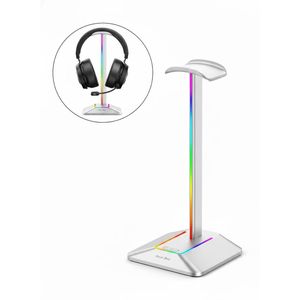 RGB Light Headphone Stand with USB + Type-C Expansion Hub Gaming Headset Holder Display Rack (W11.35 x D10.8 x H24.2)cm / (W4.5 x D4.3 x H9.5)inch - Silver