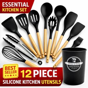 KITCHA 12Pcs Silicone Cooking Utensils Set for Nonstick Cookware, 230°C Heat Resistant Kitchen Utensil Set with Wooden Handle, Spatula, Turner, Spoon, Tongs, Whisk