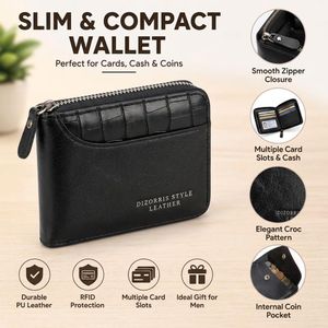 Men’s PU leather wallet with multiple card slots. Features a three-fold zipper coin pocket. Black color option, suitable for daily business use.