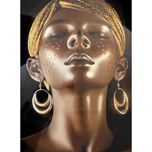 23.6x31.5 inch Canvas Wall Art Golden Afro Portrait Print – Elegant African Woman Painting for Living Room or Bedroom Decoration
