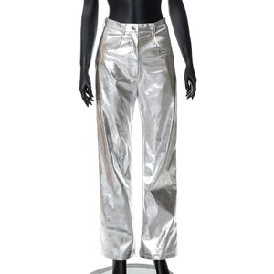 Fashion (Silver) PU Leather Metallic Pants Shiny Holographic Flare Pants  Women Girls Bodycon Elastic Waist Bell Bottom Trousers Clubwear DOU @ Best  Price Online