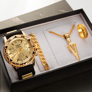 4 IN 1 Men's Quartz Watch Casual Silicone Watch Band + Necklace + Ring + Bracelet - Gold