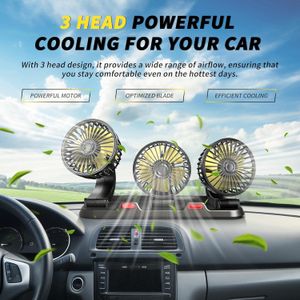 12V 360-degree Rotating Adjustable Car Fan with Three Heads - Black