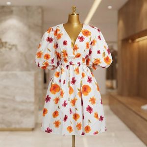 Women's Elegant Floral Print V-Neck Puff Sleeve Mini Dress – Casual Summer Party Dress