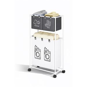 2-Layer Rolling Laundry Hamper Dirty Clothes Storage Cart Portable Oxford Fabric Bag with Sturdy Steel Frame with Wheels (W55 x D25 x H100)cm / (W21.7 x D9.8 x H39.4)inch