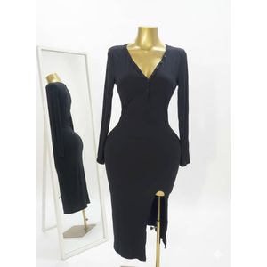 Elegant Black V-neck Button Dress