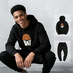Men's Sports Printed Hoodie With Patchwork Design, Long-Sleeved Casual Sportswear Suit Two-Piece Set