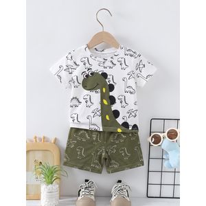 No Boys' Cute Dino Print Short Sleeve & Shorts Set - Soft Stretch Breathable 2-Piece Outfit, Lightweight Best-Selling Summer Set for School/Outdoor/Home