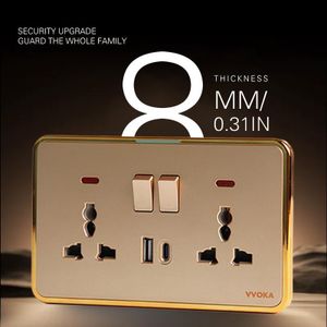 5-Pieces VVOKA Double Universal Switched Wall Socket – Gold Panel with USB-A & Type-C Charging Ports