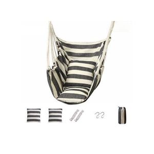 2026-Mega FALAA Dey Outdoor Camping Patio Yard Canvas Hammock Chair Hanging Swing Seat with Cushion + Throw Pillow (L130 x W100)cm / (L51.2 x W39.4)inch - Black / White Stripe