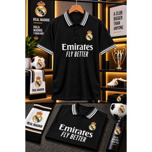 Real Madrid Black Polo Jersey Short Sleeve- Black with White Striped Collar & Cuffs