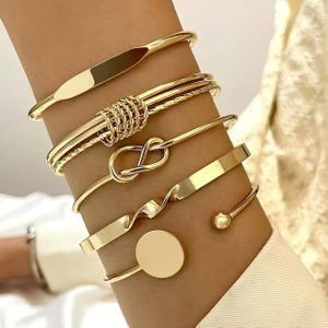 5pcs bracelet set, minimalist geometric round shiny alloy bracelet, retro knotted opening bracelet set, suitable for women