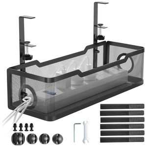 TodyJeyHo Under Desk Cable Management Tray Black, Cable Management Under Desk No Drill, Cable Tray with Clamp for Desk Wire Management,Desk Cable Management Box for Office, Home - No Damage to Desk
