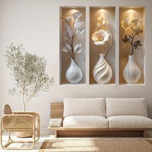 (3PCS) 3D Vase Decorative Wall Stickers, Self-Adhesive Elegant Leaf Decorative Paintings,Wall Hole Repair Decorative Wall Stickers