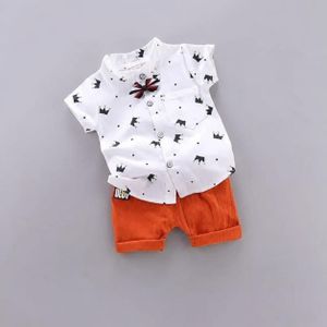 Toddler Boys Smart Casual Crown Print Shirt & Shorts Set with Bow Tie - 6 Month to 2 Years - White/Orange