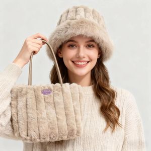 Women's Luxury Faux Fur Bucket Hat and Bag 2-Piece Set – khaki