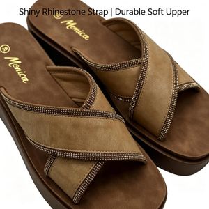 Monica Women Platforms Shoes Soft Sandals Heels Slippers Ladies Casual Wedges Shoes Rhinestone-Camel Tan
