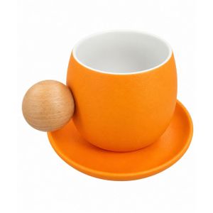 Suniel Nordic Ceramic Coffee Cup & Saucer Set with Wooden Ball Handle – Modern Matte Orange Tea & Espresso Mug – 250ml