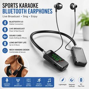 Sports Karaoke Bluetooth Earphones, Wireless Sound Card Live Broadcasting and Audio Editing Earphones, Bluetooth Neck-Hanging Earbud Headset, Comfortable Fit and Freedom of Movement (Black)