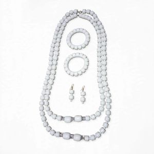 White Bridal African Bead Jewelry Set - 4 Pieces - Necklace, Bracelets & Earrings