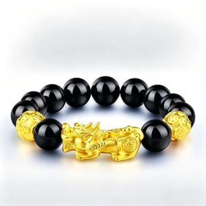  Men's Gold Pixiu Beaded Bracelet, Black Obsidian Wealth Luck Jewelry 12mm