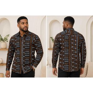 New Men's African Print Long-Sleeve Shirt – Black & Rust Orange