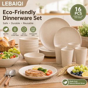 16-Piece Wheat Straw Dinnerware Set - Beige Wheat Straw Plates,Reusable, Sturdy, and Shatterproof Deep Plates Made from Premium Hard Plastic