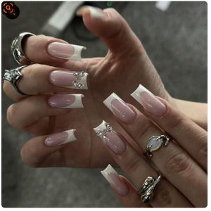 French Tip Press On Manicure Tips with Bow Rhinestone Decor, Long Coffin Reusable Nail Kit for Women Daily Beauty