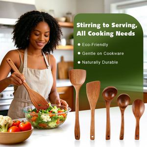 5-Piece Wooden Kitchen Utensil Set, Natural Wood Spoons & Spatulas, Non-Stick Cookware Safe, Cooking Tools