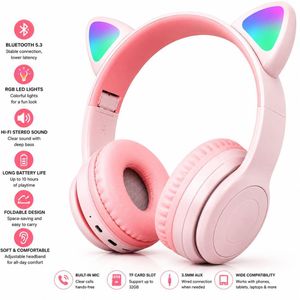 Cat Ear Bluetooth Headphones with RGB LED Lights, Foldable Wireless Stereo Headset with 3.5mm Jack & TF Card, Pink