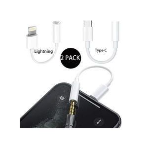White Lightning and Type-C to 3.5mm Headphone Jack Adapter for Mobiles-2 Pack