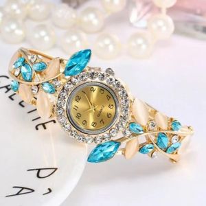 Lvpai Deyuer Luxury Women's Rhinestone Leaf Bangle Watch-Bue