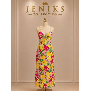 JENIKS Collection Floral Cutout Maxi Dress – Vibrant Twist-Front Cami Sundress (Pink, Yellow & Red)