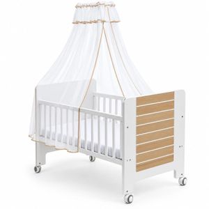 Modern Wooden Baby Cot Bed - White & Natural Oak Infant Crib with Mosquito Net & Caster Wheels
