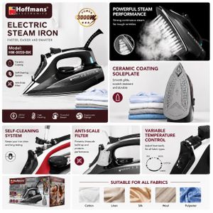 Hoffmans Electric Steam Iron – 3000W Fast Heating Ceramic Soleplate – black 