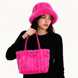 Women's Luxury Faux Fur Hat and Bag 2-Piece Set – pink