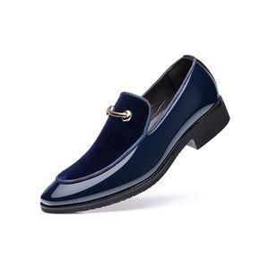 Men's Dress Shoes British Style Printing Pointy Toe Slip on Formal Business Casual Comfy Patent Leather Shoes Flats Male Footwear - Blue