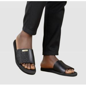 Nokoko Flexible Men's black Strap double slide Slippers – Fashionable Non-Slip Leather Slide Sandals For Casual Indoor & Outdoor Wear