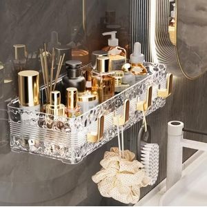 1-Piece Luxury Wall-Mounted Bathroom Shelf - Drill-Free Corrugated Plastic Storage Rack for Toiletries - Clear White